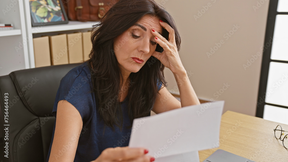 A stressed hispanic woman reads a document in an office setting, embodying a corporate challenge. A stressed hispanic woman reads a document in an office setting, embodying a corporate challenge.