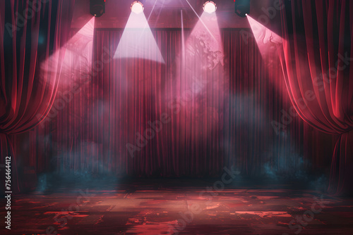 Bühnenzauber: Illustration einer Theaterbühne mit Spotlights und rotem Vorhang photo