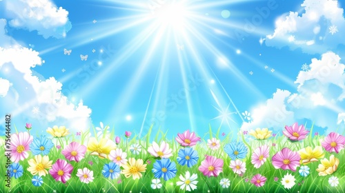 Vibrant spring flower meadow under clear blue sky with blurred background, ideal for text placement