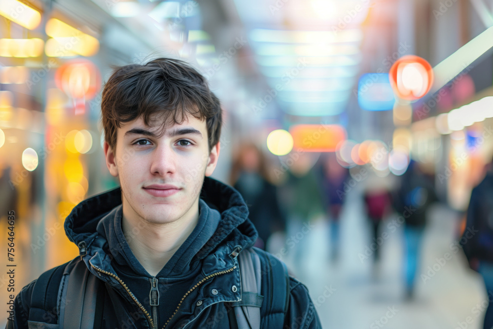 Fototapeta premium Portrait of a student thinking about his future. Blurred background, long exposure, bokeh. Created with Generative AI technology.