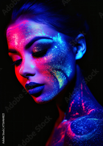 Makeup in neon colors on a dark conceptual background for photo frame