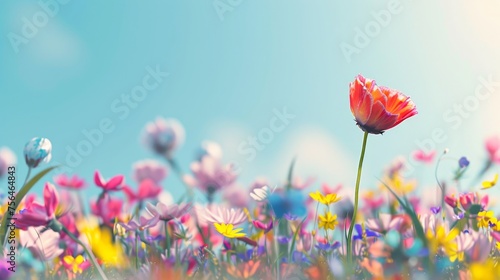 Vibrant spring flower meadow under blue sky with blurred background, perfect for text placement
