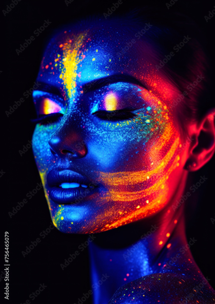 Woman in makeup with paint and glitter in neon colors on a dark conceptual background for photo frame
