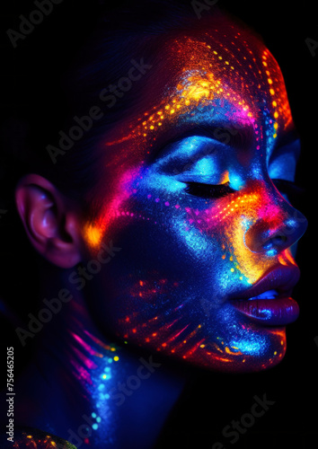 Woman with galaxy makeup in neon colors with glitter on a dark conceptual background for photo frame