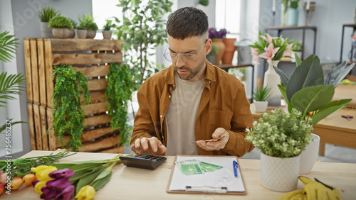 Handsome hispanic man counting euro bills at a flower shop's workspace filled with plants, embodying an entrepreneur's daily life.