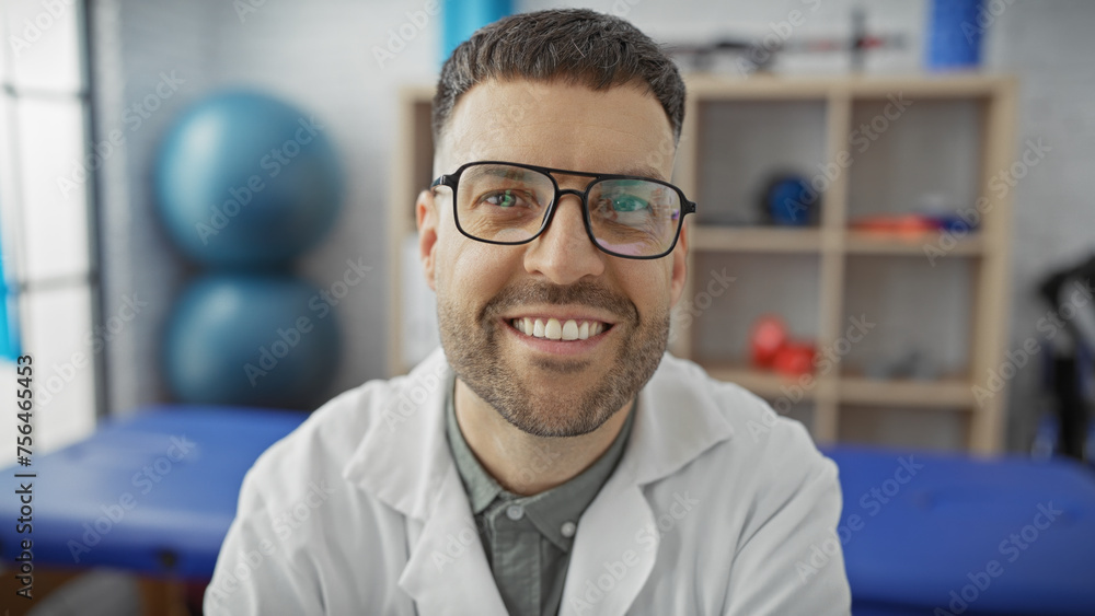 Portrait of a smiling hispanic man with glasses in a white coat against a rehab clinic interior with exercise equipment. Portrait of a smiling hispanic man with glasses in a white coat against a rehab clinic interior with exercise equipment.