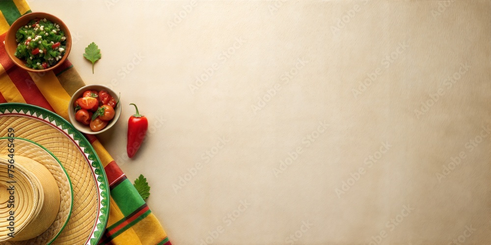 Festive mexican background with traditional sombreros, flags, and a chili pepper. Yellow backdrop for festival Cinco de mayo in Mexico