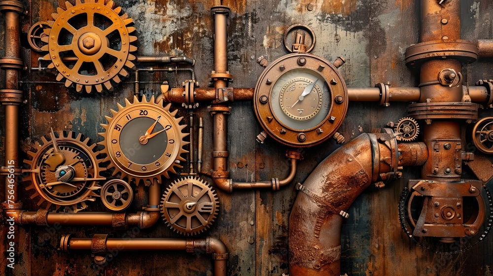 Abstract steampunk grunge background, rusty gears, pipes, mechanisms, wheels, textured backdrop in science fiction style, AI generated Abstract steampunk grunge background, rusty gears, pipes, mechanisms, wheels, textured backdrop in science fiction style, AI generated