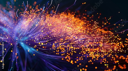 Abstract orange particles of optical fiber 3d illustration