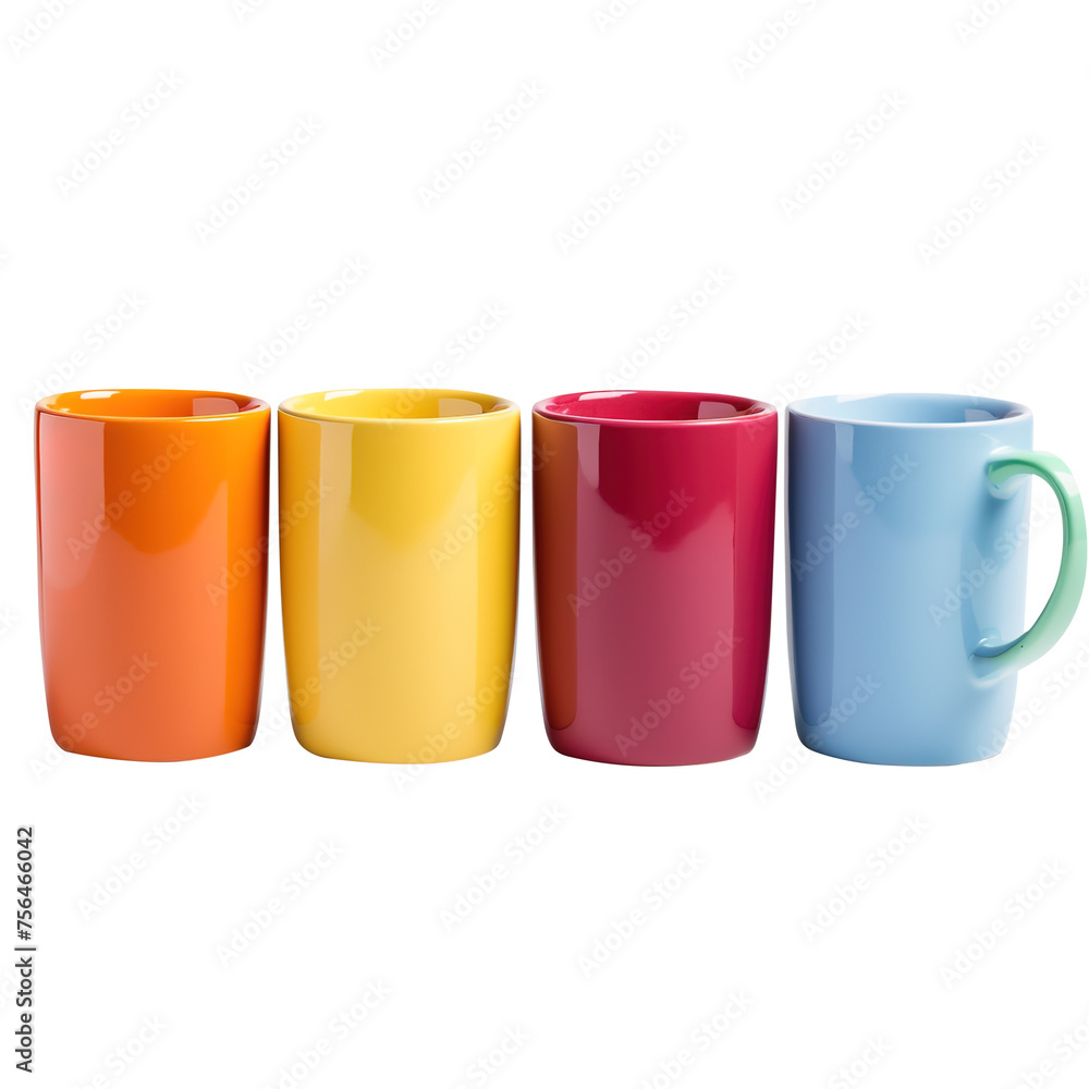 Four colorful plastic cups isolated on transparent background, colorful cups, clipping path, png Four colorful plastic cups isolated on transparent background, colorful cups, clipping path, png