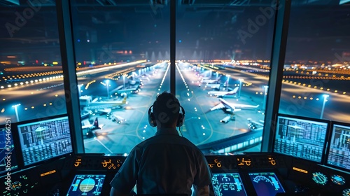 Control tower at night overseeing airport operations photo
