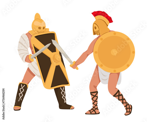 Gladiator characters. People in armor. Warriors with different weapons. Sparta coliseum fight character, ancient roman army characters