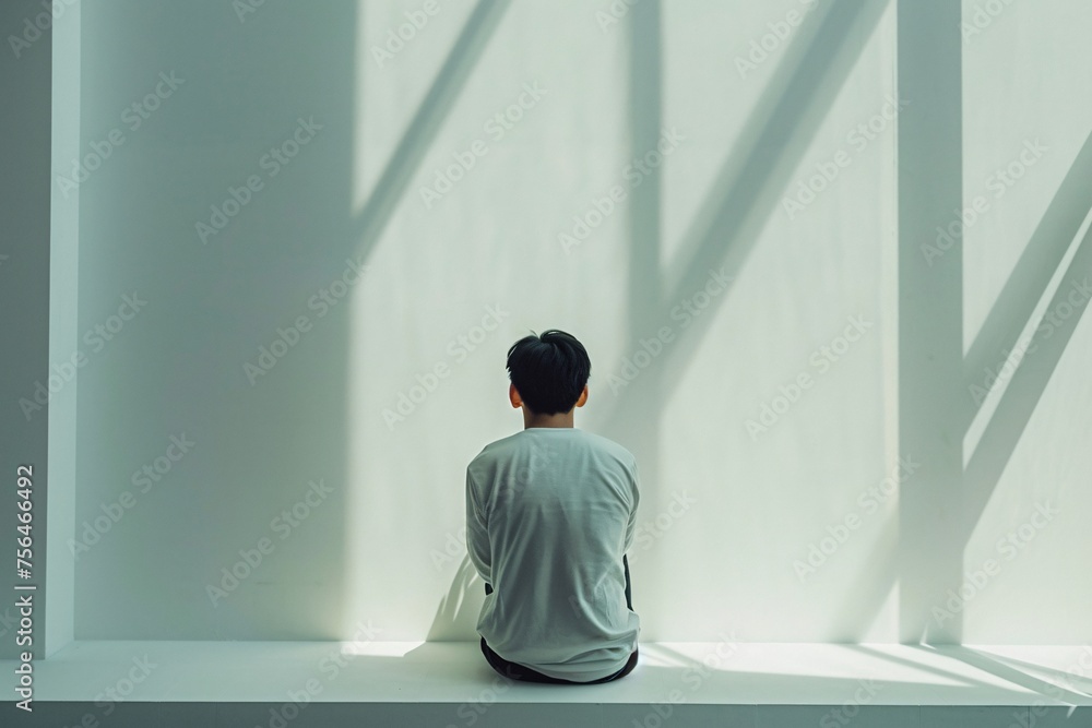 Man Sitting on Ledge by Window Man Sitting on Ledge by Window