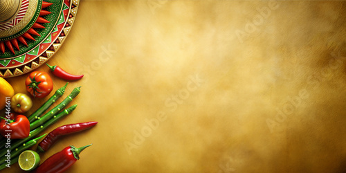 Background or yellow backdrop for festival Cinco de mayo festive of Mexico. Colorful top view of sombreros surrounded by an assortment of vibrant chili peppers and tomatoes, mexican cuisine theme