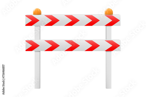 Protective road barrier with red stripes for blocking road. Realistic 3d Vector illustration of a guardrail, road barrier fence, isolated on white. Road construction, roadblock sign