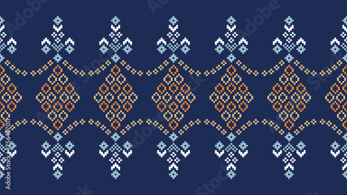 Traditional ethnic motifs ikat geometric fabric pattern cross stitch.Ikat embroidery Ethnic oriental Pixel navy blue background. Abstract,vector,illustration. Texture,scarf,decoration,wallpaper.