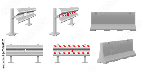 Set of iron concrete road barriers for blocking road with a markup, isolated on white background. Realistic 3D isometric style, vector illustration.