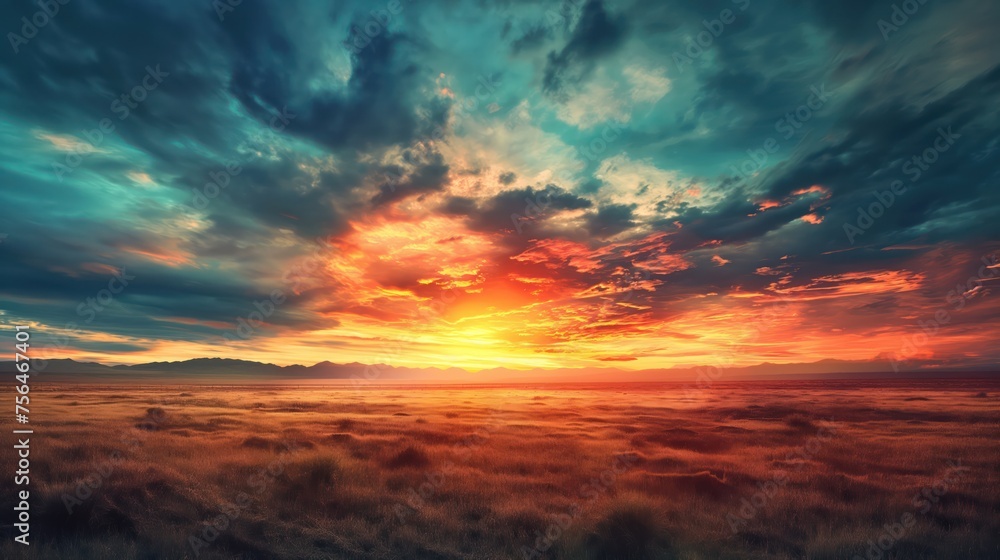 Desert plain landscape in the sunset rays. Generative AI
