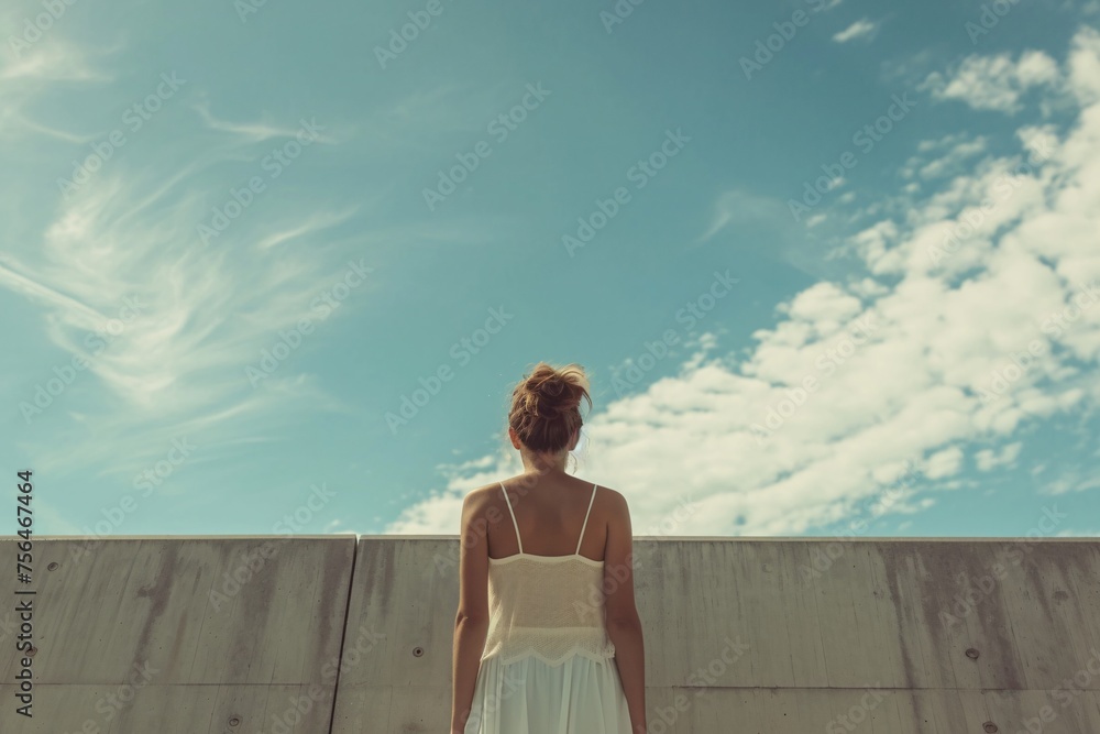 Fototapeta premium Woman in White Dress Standing Before Wall