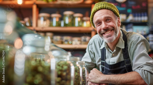 Smiling middle aged male budtender, worker or owner of cannabis dispensary