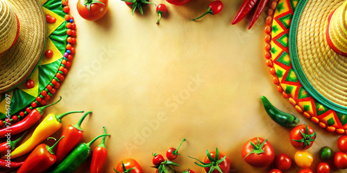 Background or yellow backdrop for festival Cinco de mayo festive of Mexico. Colorful top view of sombreros surrounded by an assortment of vibrant chili peppers and tomatoes, mexican cuisine theme