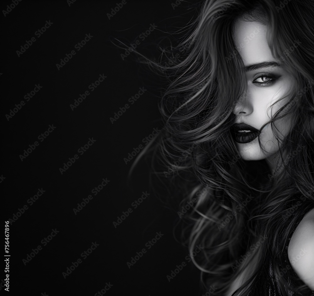 Black and White Portrait of a Woman With Flowing Hair Black and White Portrait of a Woman With Flowing Hair