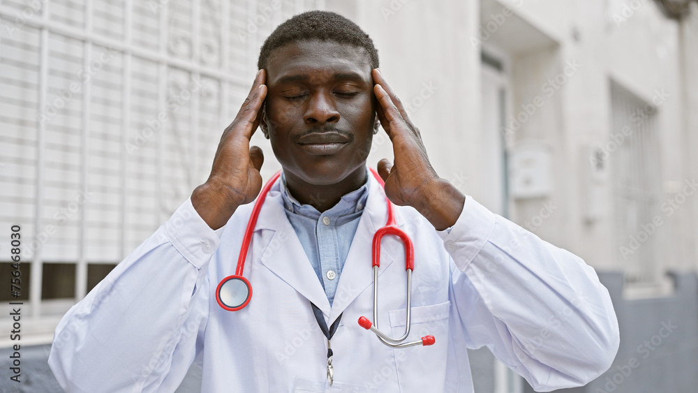 African male doctor outdoors in urban setting, eyes closed, hands on temples, showing stress or headache. African male doctor outdoors in urban setting, eyes closed, hands on temples, showing stress or headache.