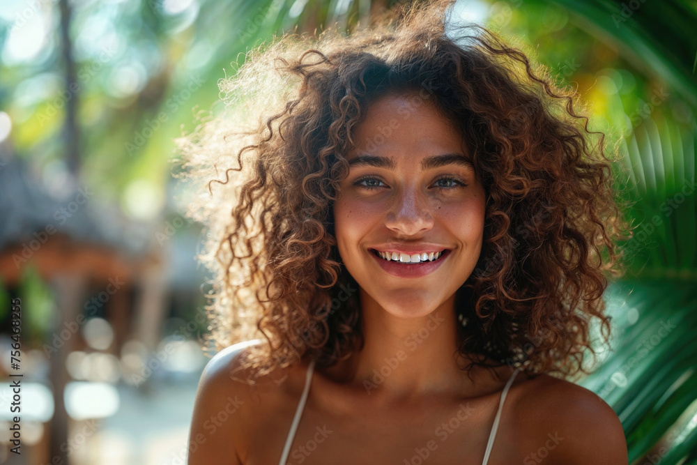 Smiling woman with curly hair, tropical setting, sunlit and happy. Smiling woman with curly hair, tropical setting, sunlit and happy.