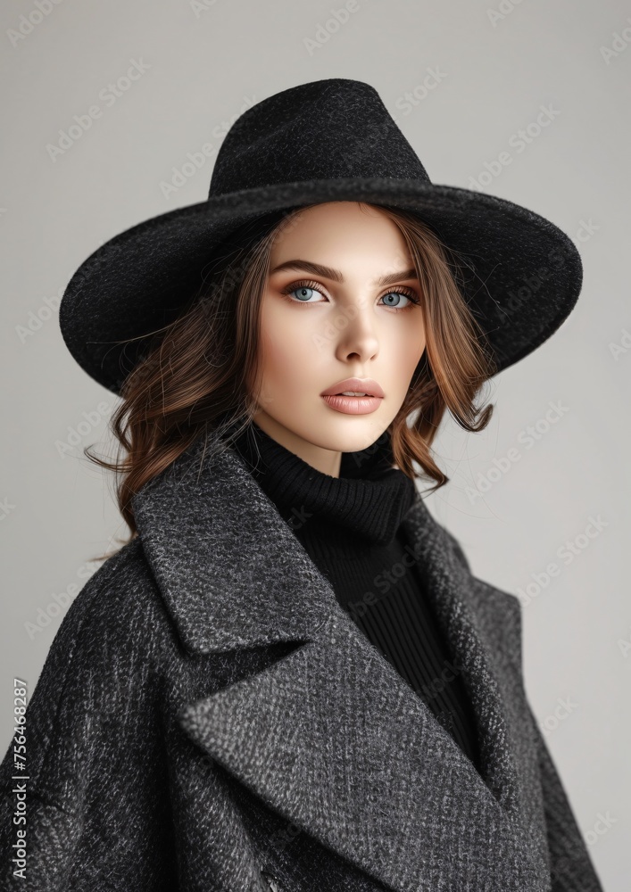 Elegant Woman in Stylish Coat and Hat Against Gray Backdrop Elegant Woman in Stylish Coat and Hat Against Gray Backdrop