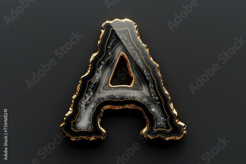 Black marble alphabet, initial letter A, gold border, 3D rendering, agate stone abc with golden marbelling, beautiful unique font design for luxury and jewelry concepts photo