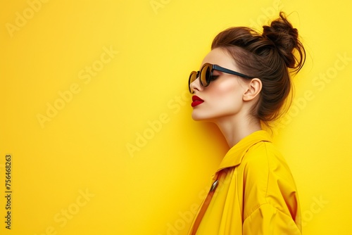 Wallpaper Mural Stylish Woman in Yellow Attire Against Vibrant Background Torontodigital.ca