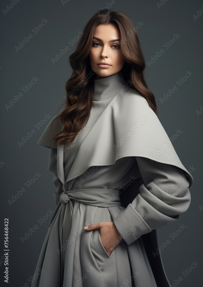Elegant Woman Modeling Modern Coat Against Gray Backdrop