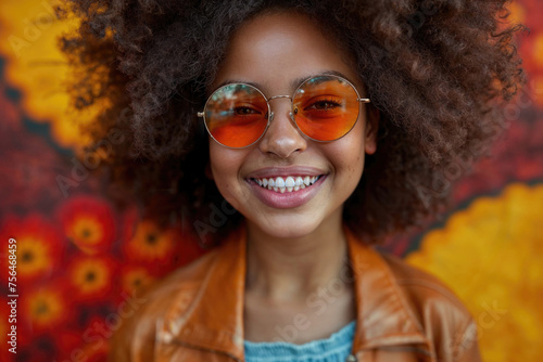 Smiling woman with large afro, orange glasses, vibrant floral backdrop.