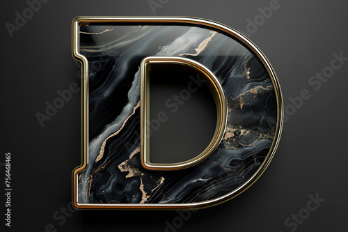 Black marble alphabet, initial letter D, gold border, 3D rendering, agate stone abc with golden marbelling, beautiful unique font design for luxury and jewelry concepts photo