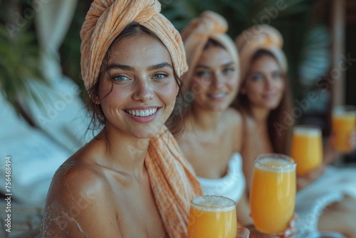 Three women with towels, toasting orange juice, spa vibes.