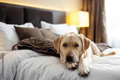 Cute dog lies in bed at pet friendly hotel. Dog relaxes in room on vacation. Generative AI