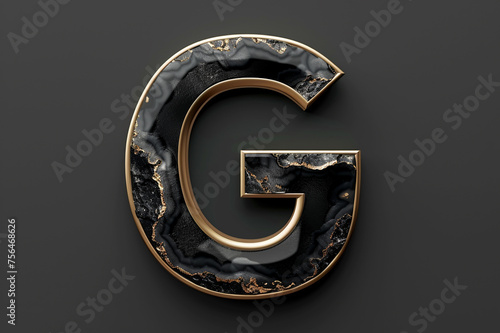 Black marble alphabet, initial letter G, gold border, 3D rendering, agate stone abc with golden marbelling, beautiful unique font design for luxury and jewelry concepts photo