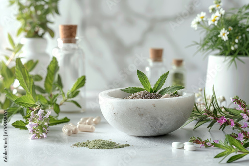 Pharmaceutical stand with stone mortar and herbs. Generative AI