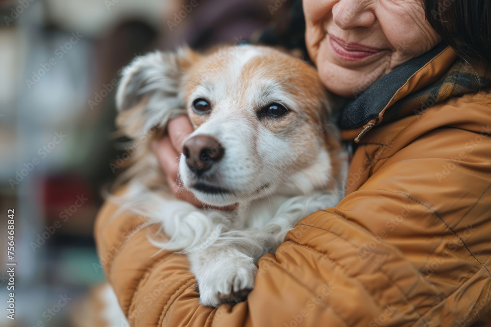 Senior pet owner hugging her healthy and happy dog. Generative AI Senior pet owner hugging her healthy and happy dog. Generative AI