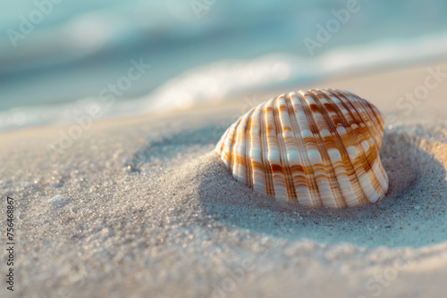 Seashell on a sandy beach. Generative AI © barmaleeva