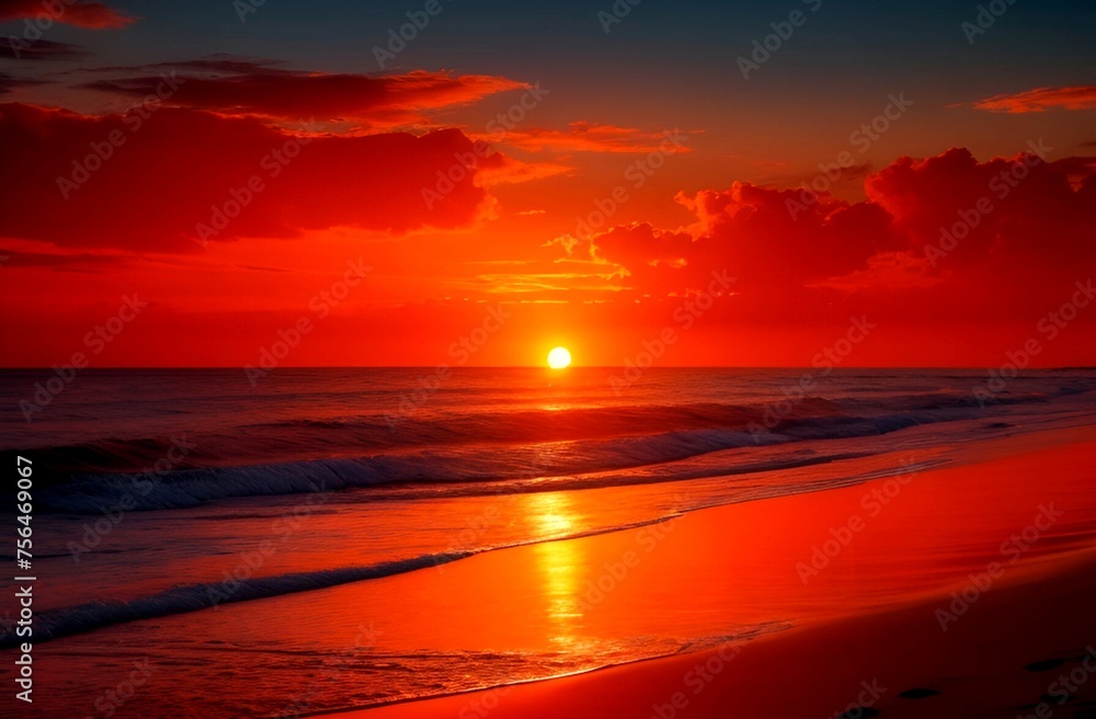 A view of a beautiful seascape at sunset on a beautiful reddish evening
