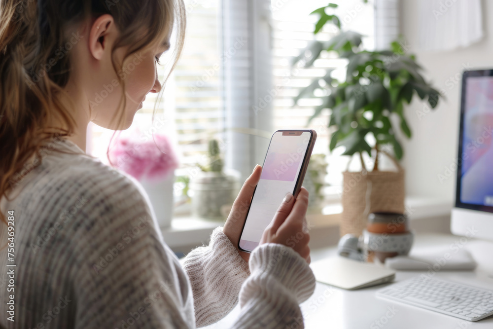 Woman scheduling posts on a social media app. Generative AI Woman scheduling posts on a social media app. Generative AI