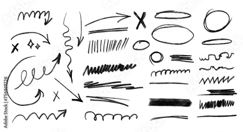 Crayon brush stroke underline arrows set. Grunge creative text decoration. Vector illustration for banner, web site, poster photo