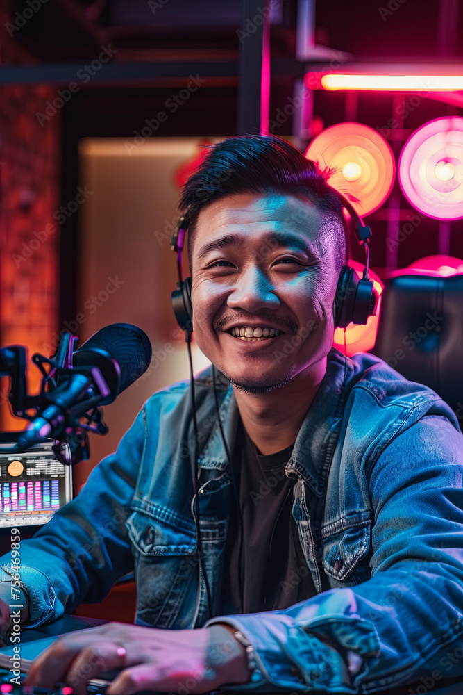 A handsome male DJ doing podcast in a studio A handsome male DJ doing podcast in a studio