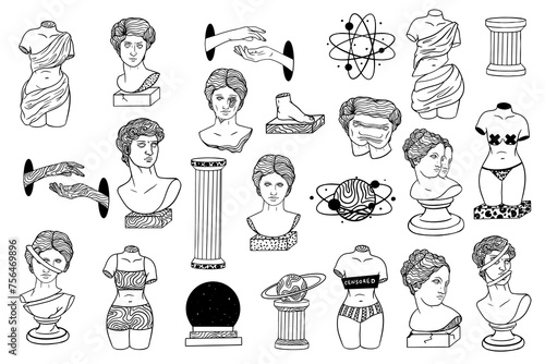 Abstract greek ancient sculpture and surreal geometric shapes. Set of stickers, pins, patches in trendy psychedelic weird cartoon style. Vector illustration EPS10