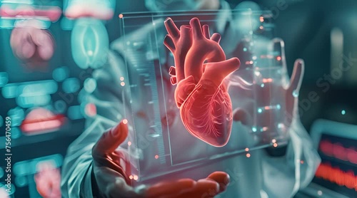 Cardiologist on blurred background using digital x-ray of human heart holographic scan projection 3D rendering photo