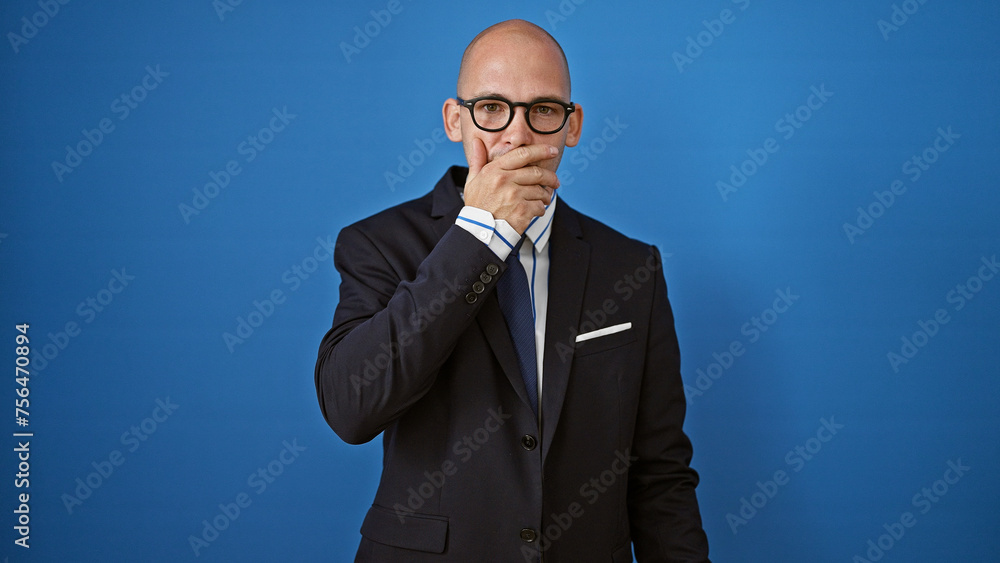 Young hispanic man business worker surprised over isolated blue background