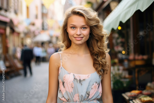 Smiling young woman in floral dress amidst quaint European alleyway, with a cozy café backdrop.