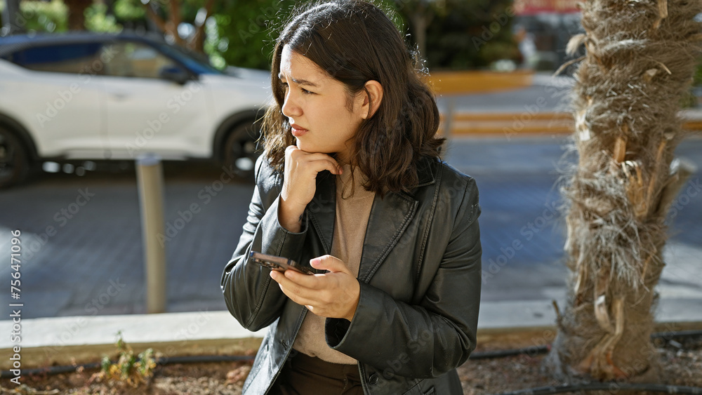 A thoughtful young hispanic woman using a smartphone on a sunny urban street, evoking a sense of everyday life. A thoughtful young hispanic woman using a smartphone on a sunny urban street, evoking a sense of everyday life.