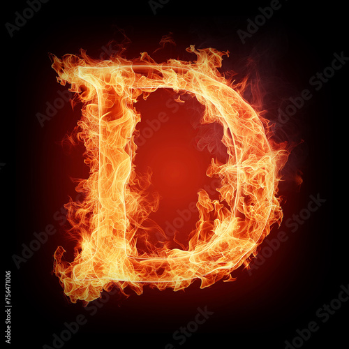 Letter D made of fire flames with sparks isolated on black background
